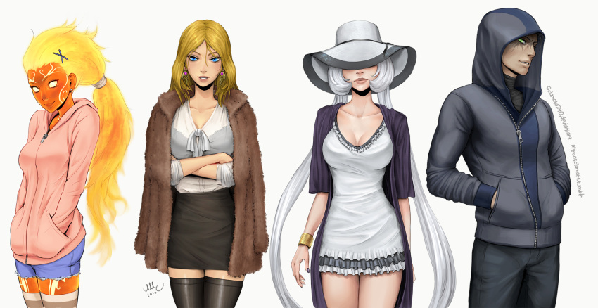 1boy, 2016, 3girls, alternate_costume, aphrodite_(smite), black_legwear, black_nails, black_skirt, blonde_hair, blue_eyes, bracelet, breasts, casual, cleavage, collarbone, cowboy_shot, crossed_arms, cutoffs, dress, earrings, fiery_hair, fire, frilled_dress, frills, green_eyes, hair_ornament, hands_in_pockets, hat, hat_over_eyes, highres, hood, hoodie, jacket, jacket_on_shoulders, jewelry, lips, loki_(smite), long_hair, looking_at_viewer, low_ponytail, mirco_cabbia, multiple_girls, nail_polish, nox_(smite), orange_hair, parted_lips, pencil_skirt, red_skin, shirt, sidelocks, skirt, sleeves_rolled_up, smile, smite, sol_(smite), tattoo, taut_clothes, taut_dress, thigh-highs, turtleneck, twintails, very_long_hair, white_dress, white_hair, white_shirt, x_hair_ornament, yellow_eyes, zettai_ryouiki, zipper