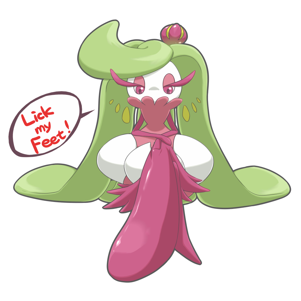 crown, english, eyelashes, eyeshadow, full_body, green_hair, half-closed_eyes, legs_crossed, long_hair, makeup, matou_itsushi, mini_crown, no_humans, pokemon, pokemon_(creature), pokemon_(game), pokemon_sm, purple_legwear, simple_background, sitting, solo, speech_bubble, tri_tails, tsareena, very_long_hair, violet_eyes, white_background