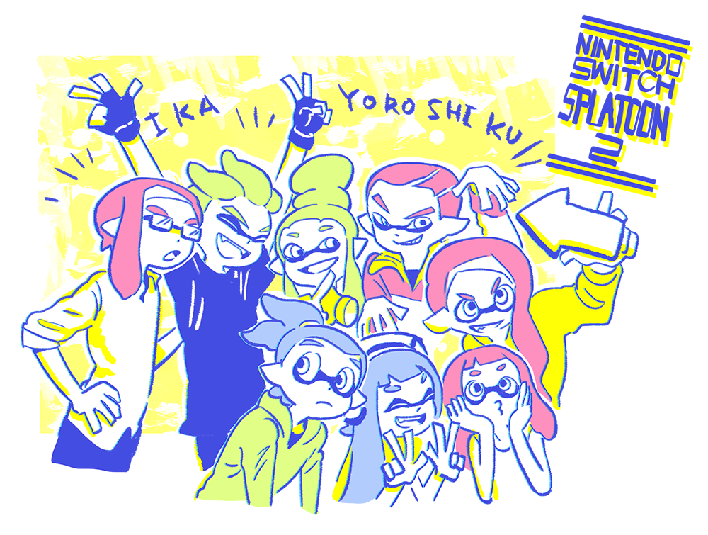 4boys, 4girls, blue_hair, cellphone, double_v, fingerless_gloves, gas_mask, glasses, gloves, green_hair, hair_bun, headphones, hood, hoodie, inkling, katou_(osoraku), limited_palette, multiple_boys, multiple_girls, partially_colored, phone, pink_hair, pointy_ears, rectangular_glasses, self_shot, shirt, sidelocks, smartphone, smile, spla2n, splatoon, t-shirt, tentacle_hair, topknot, v, white_background