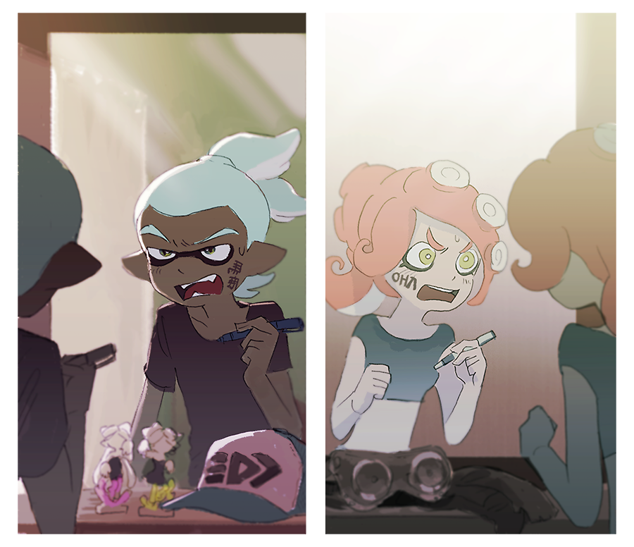 1boy, 1girl, amiibo, angry, aori_(splatoon), baseball_cap, blue_hair, chest_of_drawers, comix_wave_films, dark_skin, dark_skinned_male, fang, goggles, green_eyes, hat, hotaru_(splatoon), inkling, katou_(osoraku), kimi_no_na_wa, marker, mirror, nintendo, nintendo_ead, octarian, octoling, octopus_girl, parody, ponytail, purple_hair, shirt, splatoon, split_screen, squid_boy, super_smash_bros., sweatdrop, t-shirt, takozonesu, tentacle_hair, toho_corp., tokyo_mx, topknot
