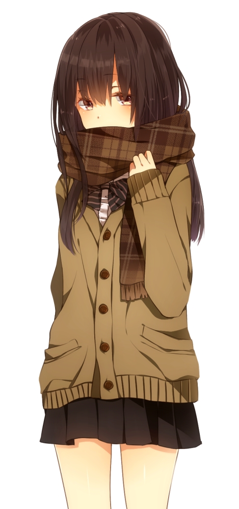 1girl, bangs, black_skirt, bow, bowtie, brown_eyes, brown_hair, cardigan