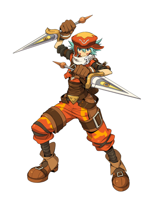 .hack//link, aqua_hair, belt, blade, boots, dagger, dual_swords, dual_wield, dual_wielding, gloves, hat, kite_(.hack//), kite_(hack), official_art, tattoo, weapon