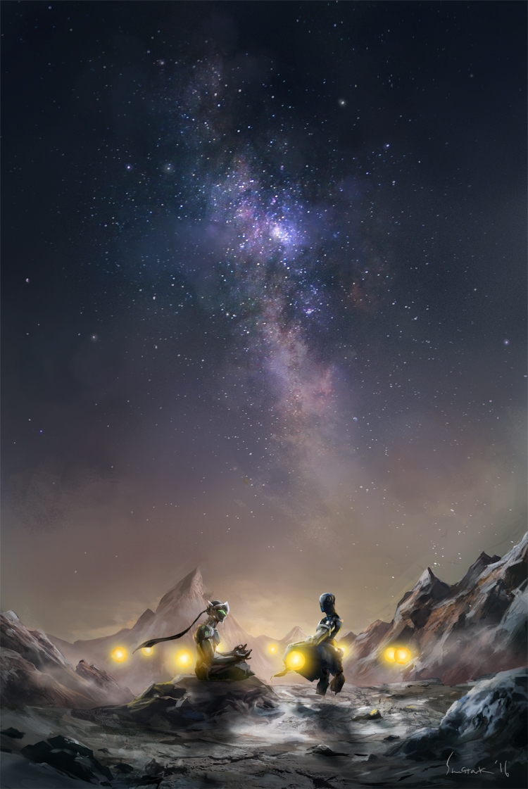 2boys, armor, bodysuit, floating, fog, galaxy, genji_(overwatch), glowing
