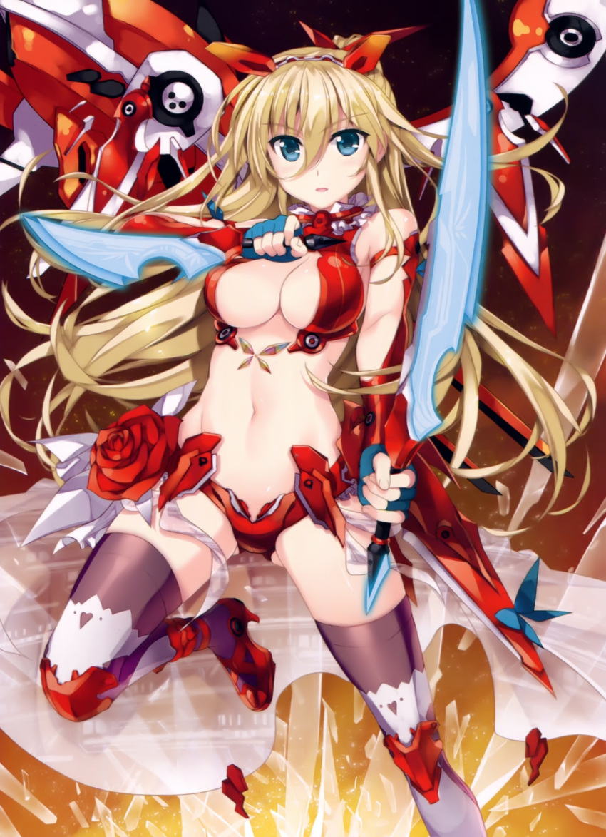 1girl, absurdres, black_legwear, blonde_hair, blue_eyes, blue_gloves, bow, breasts