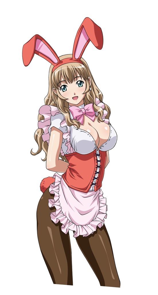 1girl, animal_ears, aqua_eyes, arms_behind_back, black_legwear, breasts, brown_hair, bunny_tail