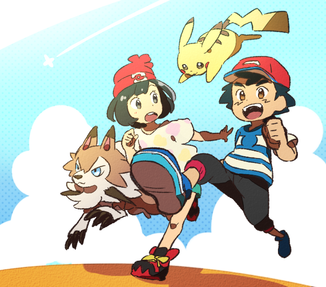 1boy, 1girl, animal, beanie, black_hair, blue_eyes, blue_sky, brown_eyes