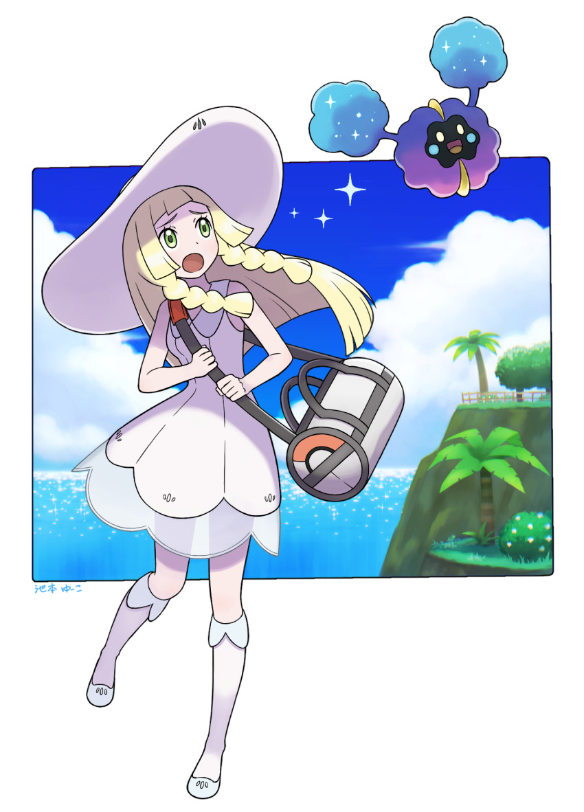 bag, blonde_hair, braid, cosmog, dress, flats, flustered, framed_image