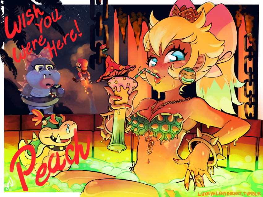 artist_name, bath, bikini, blonde_hair, blue_eyes, bow, bowser_jr., bracelet