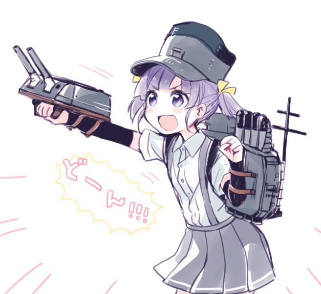 >:d, :d, arm_warmers, backpack, bag, cannon, gray_skirt, kanitama_(putyourhead)
