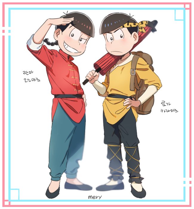 >:(, 2boys, alternate_hair_length, alternate_hairstyle, arm_guards, backpack, bag, black_eyes