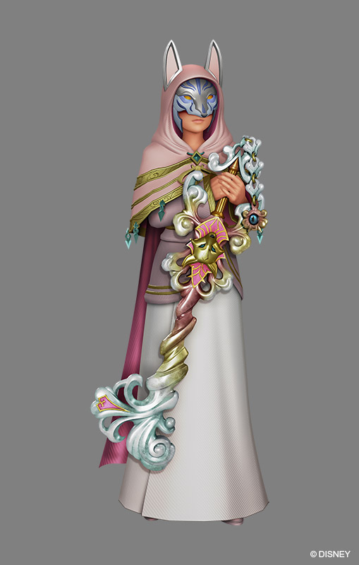 1girl, 3d, ava_(kingdom_hearts), cape, female, full_body, grey_background, keyblade