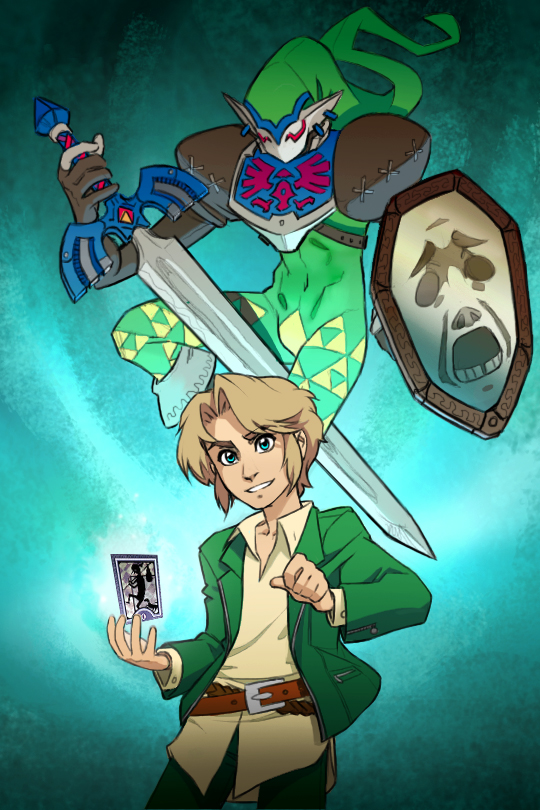 1boy, belt, blonde_hair, blue_background, blue_eyes, card, guilhermerm, hair_intakes