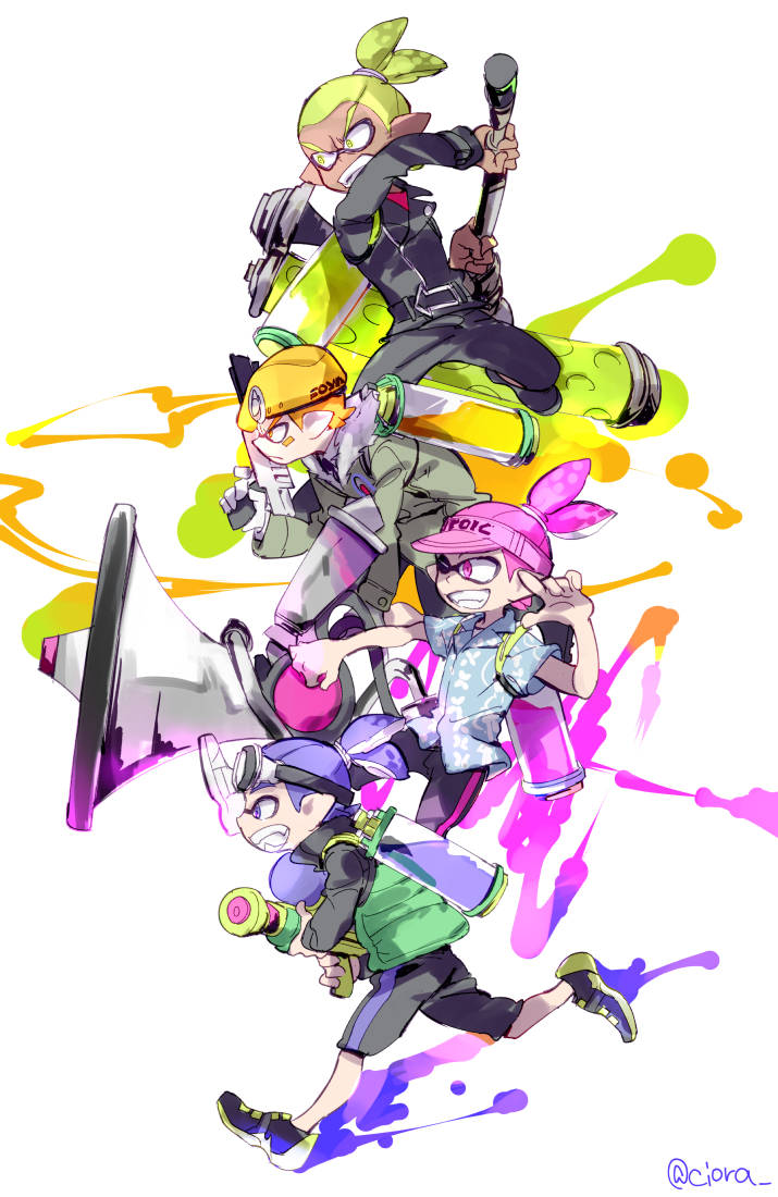 4boys, aloha-kun_(splatoon), army-kun_(splatoon), beret, black_jacket, black_shorts, blue_eyes, blue_hair