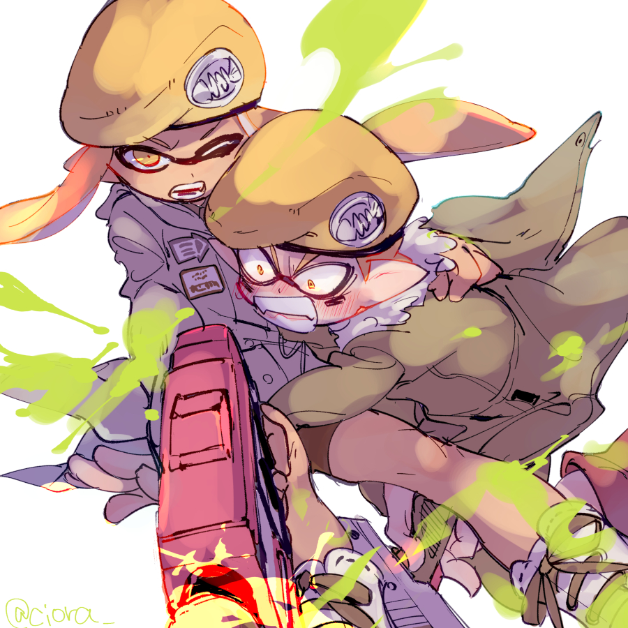 1boy, 1girl, army-kun_(splatoon), bangs, beret, black_shorts, blush, coat