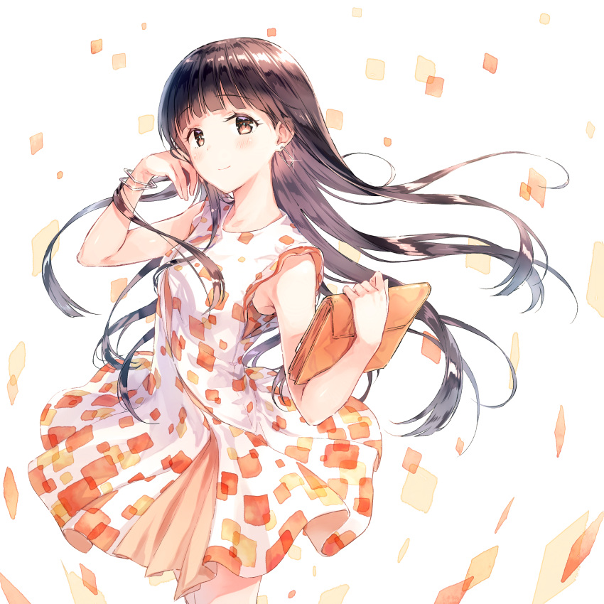 1girl, absurdres, ad, bangle, black_hair, blush, bracelet, brown_eyes