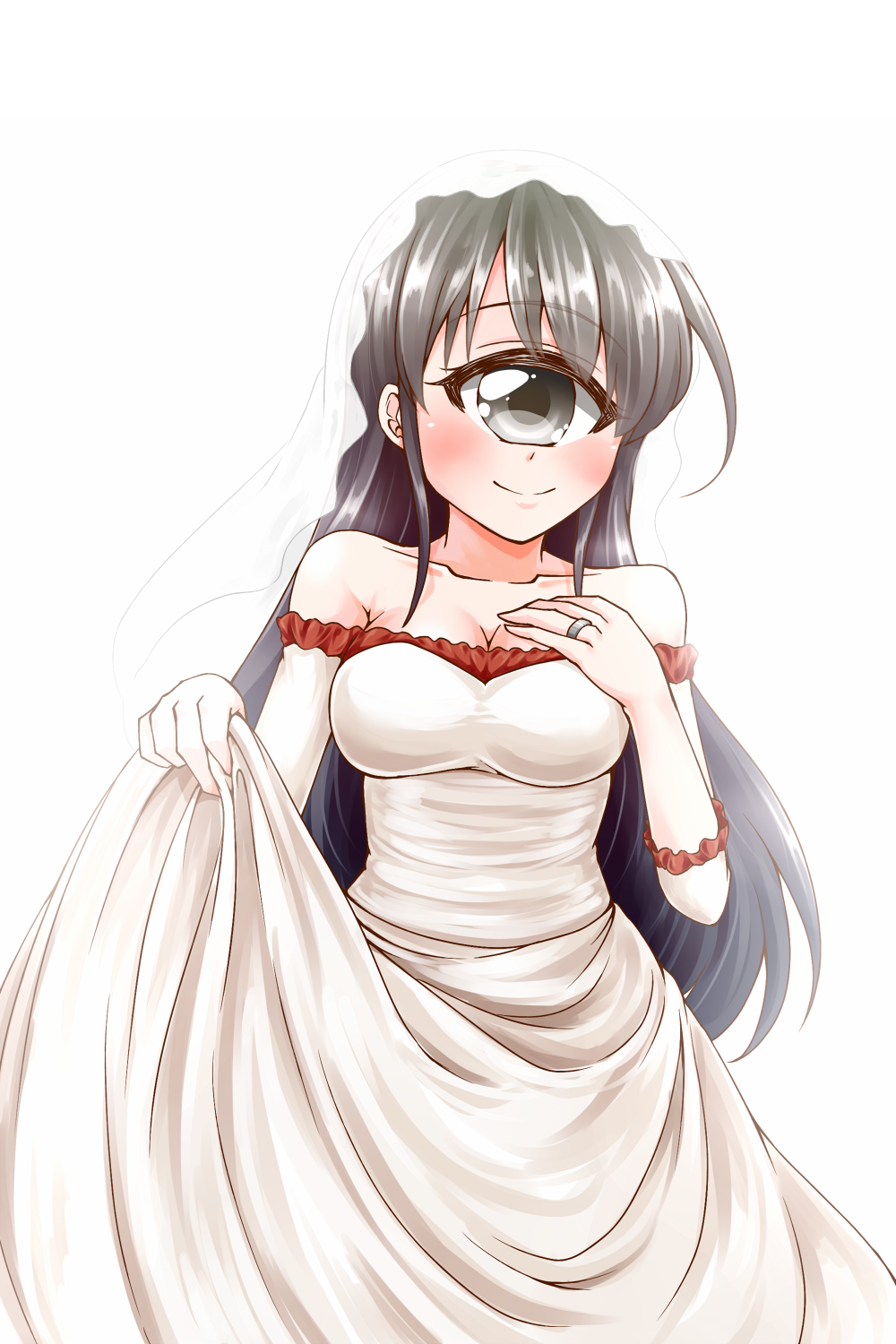 1girl, ai_(monster_musume), akahito_(kemoyuru), bare_shoulders, black_eyes, black_hair, bridal_veil, collarbone, cowboy_shot, dress, hand_on_own_chest, highres, jewelry, long_hair, monster_girl, monster_musume_no_iru_nichijou, monster_musume_no_iru_nichijou_online, ring, simple_background, smile, solo, veil, wedding_dress, wedding_ring, white_background
