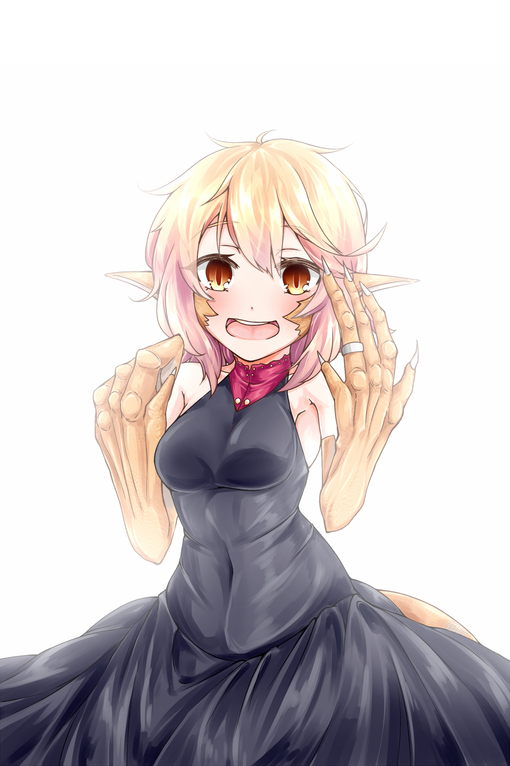 1girl, :d, akahito_(kemoyuru), blonde_hair, breasts, claws, covered_navel, cowboy_shot