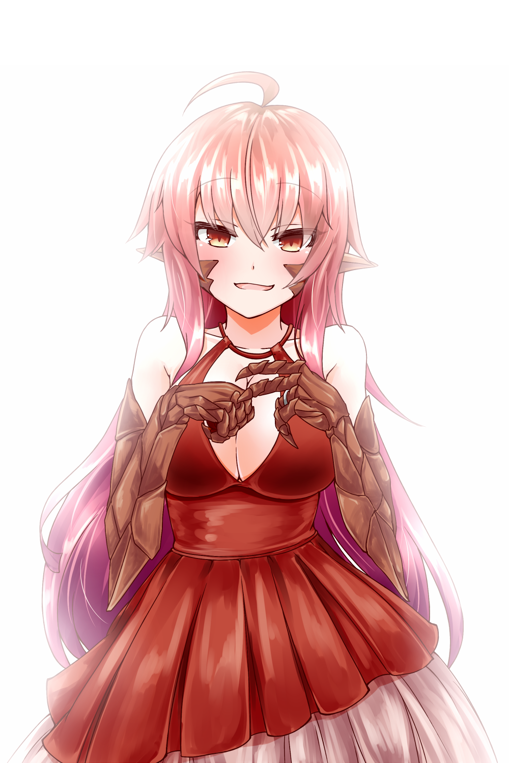 1girl, ahoge, akahito_(kemoyuru), breasts, claws, cleavage, cowboy_shot, dress