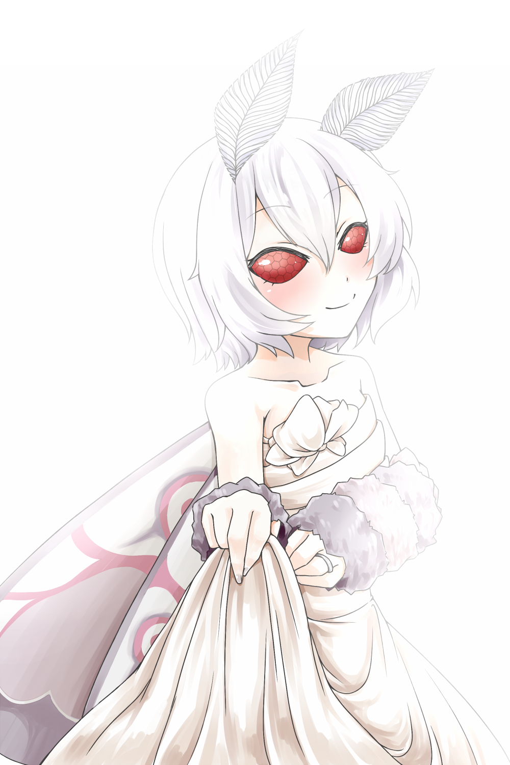 1girl, actia_(monster_musume), akahito_(kemoyuru), antennae, blush, compound_eyes, cowboy_shot, dress