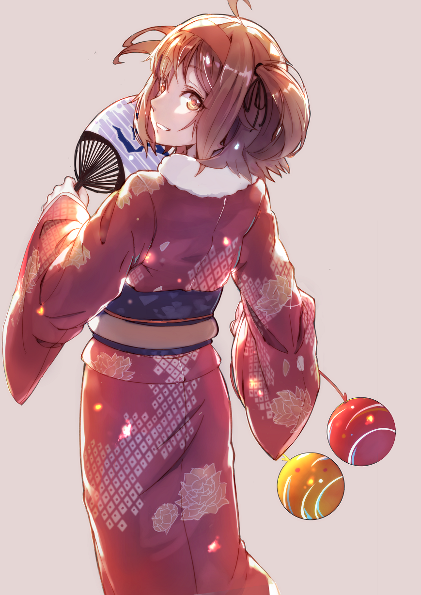 1girl, :d, ahoge, akieda, bangs, black_ribbon, brown_hair, eyebrows