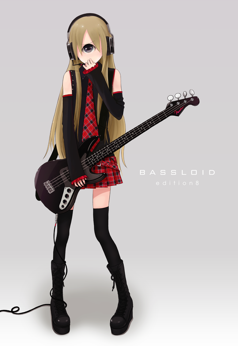 bass, boots, brown_hair, cyclops, detached_sleeves, guitar, headphones, instrument, kokudou_juunigou, legs, long_hair, necktie, one_eye, original, skirt, solo, thigh-highs, thighhighs, vocaloid