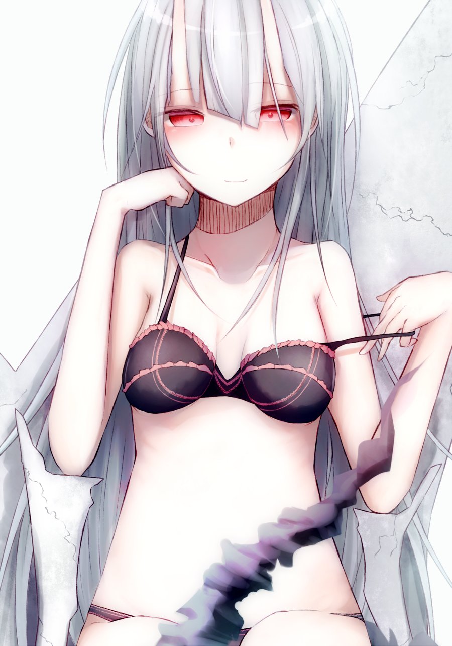 1girl, albino, bare_shoulders, black_bra, bra, breasts, closed_mouth, collarbone
