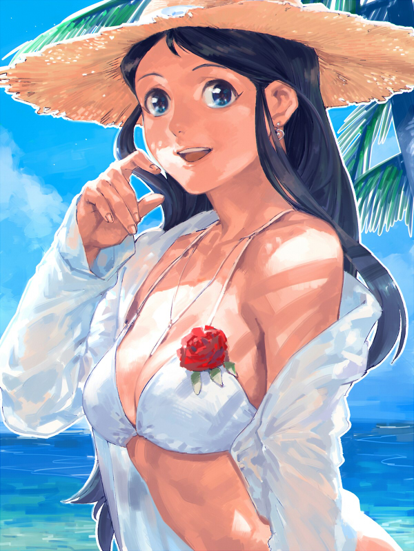 1girl, bikini, black_hair, blue_eyes, earrings, giant_robo, ginrei_(giant_robo), hamu_fukurou