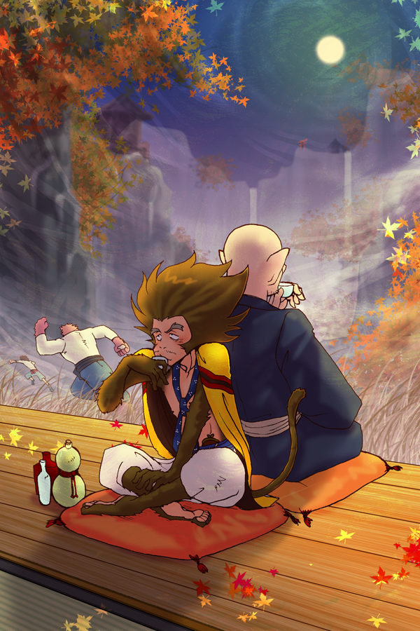 4boys, animal_ears, architecture, autumn_leaves, back-to-back, bakemono_no_ko, bald, barefoot