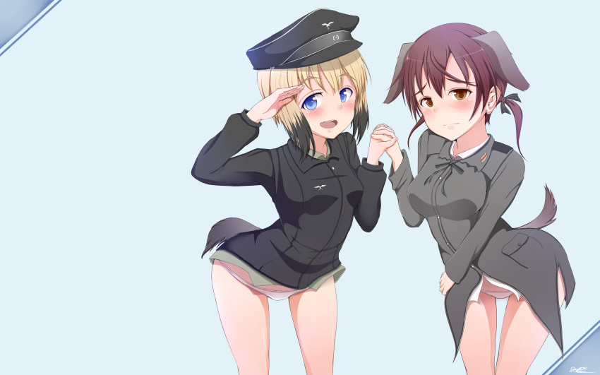 2girls, absurdres, black_hair, blue_eyes, blush, brown_eyes, brown_hair, commentary