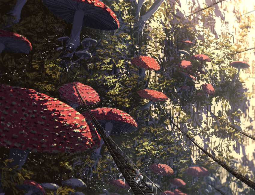 1girl, bird, bridge, daradarahundosi, fly_agaric, from_behind, hat, inubashiri_momiji