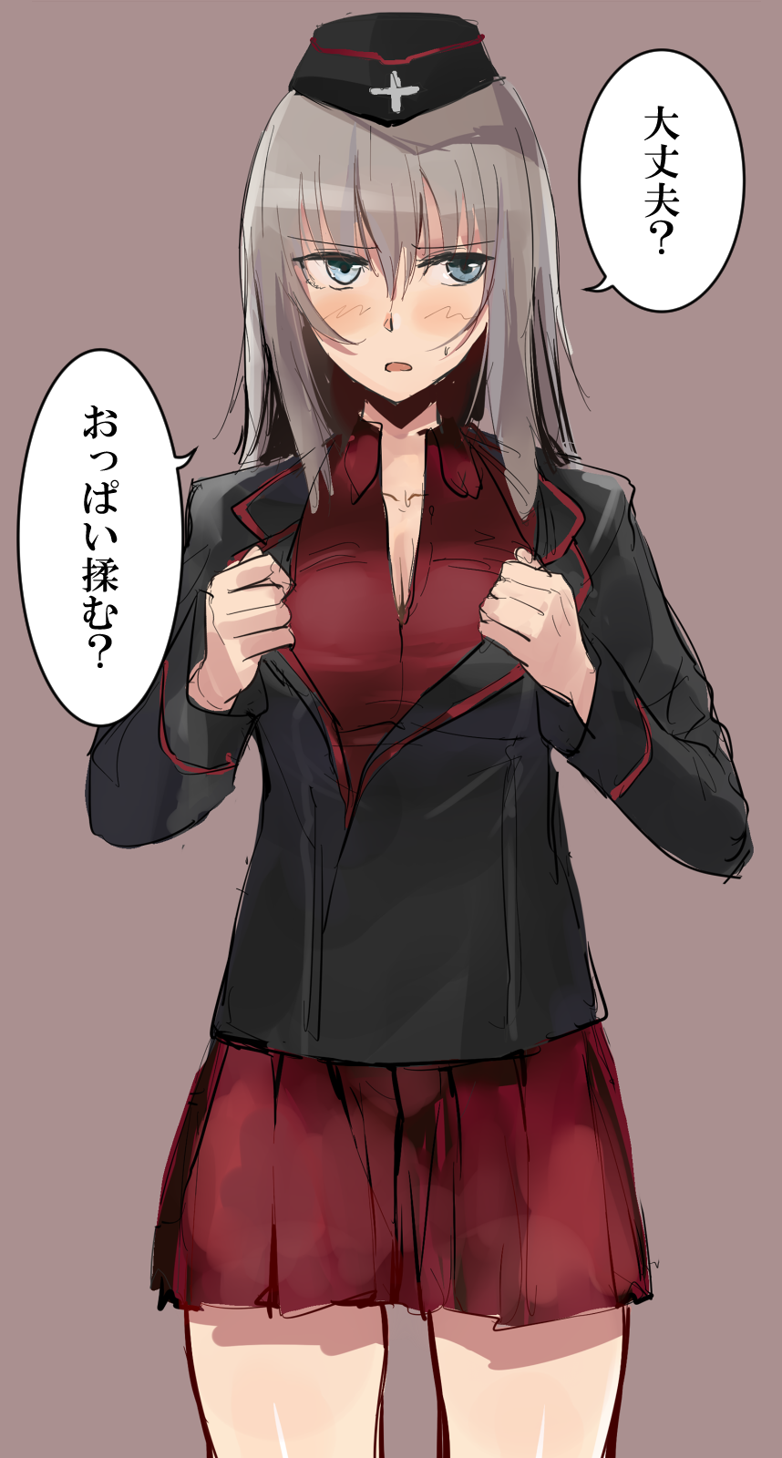 1girl, black_jacket, blue_eyes, blush, breasts, cleavage, daijoubu?_oppai_momu?, garrison_cap