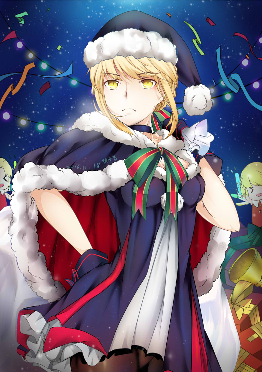 >_<, 1girl, :d, blonde_hair, breasts, cape, choker, christmas_lights