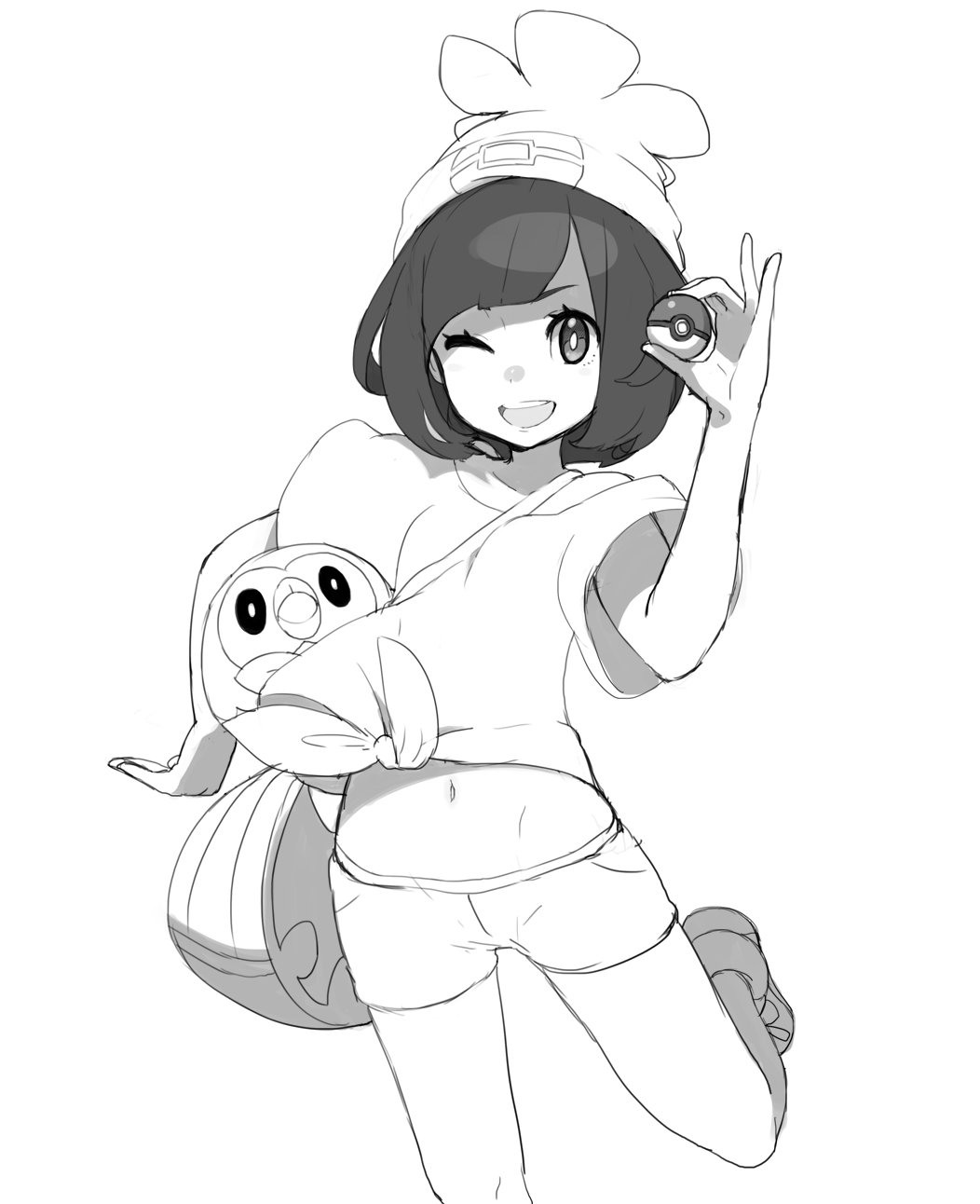 1girl, bag, beanie, female_protagonist_(pokemon_sm), greyscale, hat, highres, holding