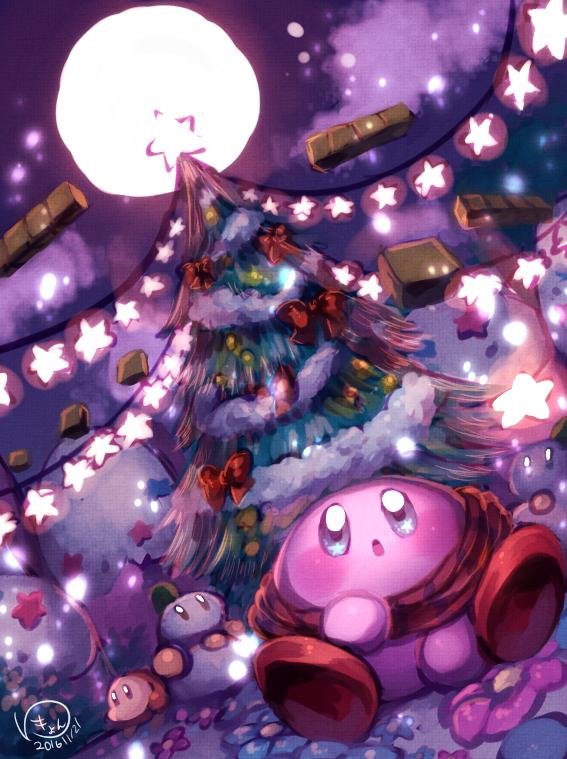 2016, bow, chilly_(kirby), christmas_tree, dutch_angle, kirby, kirby_(series), night