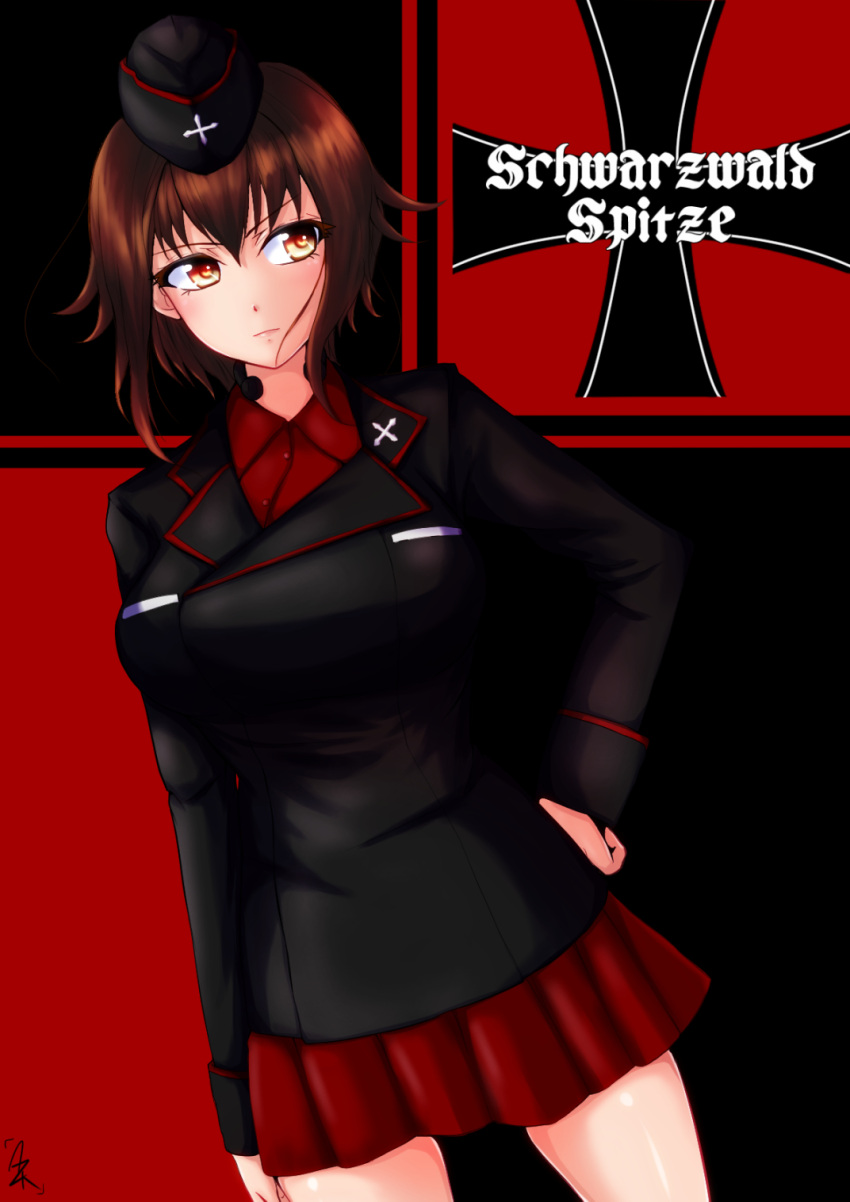 1girl, bangs, black_jacket, breasts, brown_eyes, brown_hair, closed_mouth, cowboy_shot