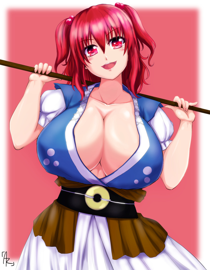 >:d, 1girl, :d, blush, breasts, cleavage, collarbone, cowboy_shot