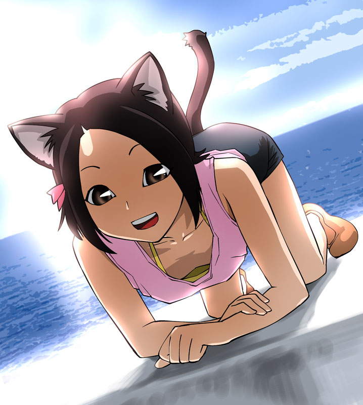 animal_ears, beach, black_hair, bow, brown_eyes, cat_ears, down_blouse, flat_chest
