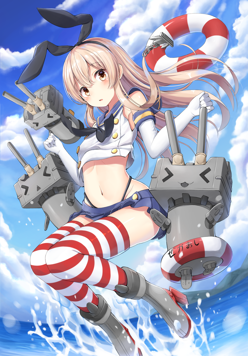>_<, 1girl, :3, bangs, black_panties, black_ribbon, blonde_hair, blue_skirt