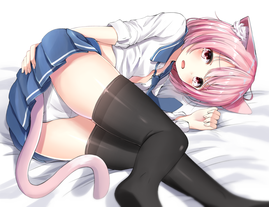 1girl, animal_ears, bed_sheet, black_legwear, blue_necktie, blush, bob_cut, cat_ears