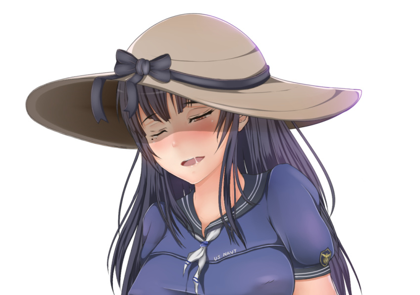 1girl, ahegao, black_hair, blue_dress, blush, brown_eyes, commentary, dress