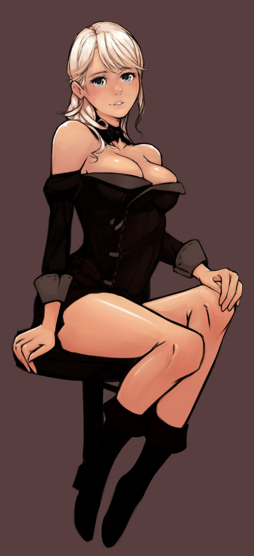 1girl, ankle_boots, bangs, bare_shoulders, black_boots, black_dress, blue_eyes, boots, breasts, cleavage, demstouts, detached_collar, detached_sleeves, dress, final_fantasy, final_fantasy_xiv, full_body, hand_on_own_knee, head_tilt, highres, hyur, long_hair, long_sleeves, looking_at_viewer, medium_breasts, parted_lips, sitting, solo, stool, strapless, strapless_dress, swept_bangs, white_hair