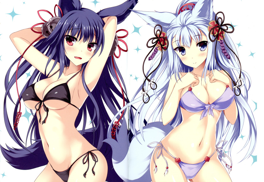 2girls, absurdres, animal_ears, armpits, arms_behind_head, bikini, black_bikini, blue_eyes, blush, breasts, cleavage, collarbone, crease, erun_(granblue_fantasy), fang, fox_ears, fox_tail, from_side, granblue_fantasy, highres, large_breasts, lavender_eyes, long_hair, multiple_girls, navel, open_mouth, pose, purple_bikini, purple_hair, red_eyes, scan, silver_hair, smile, socie_(granblue_fantasy), sparkle, sparkle_background, swimsuit, tail, tateha_(marvelous_grace), under_boob, very_long_hair, white_hair, yuel_(granblue_fantasy)