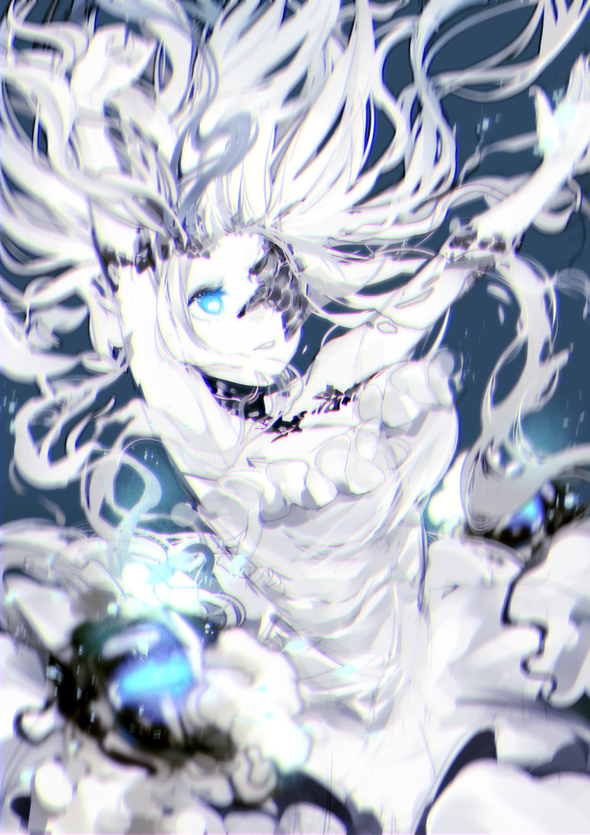 1girl, abyssal_jellyfish_hime, blue_eyes, blurry, breasts, bubble, dress, glowing