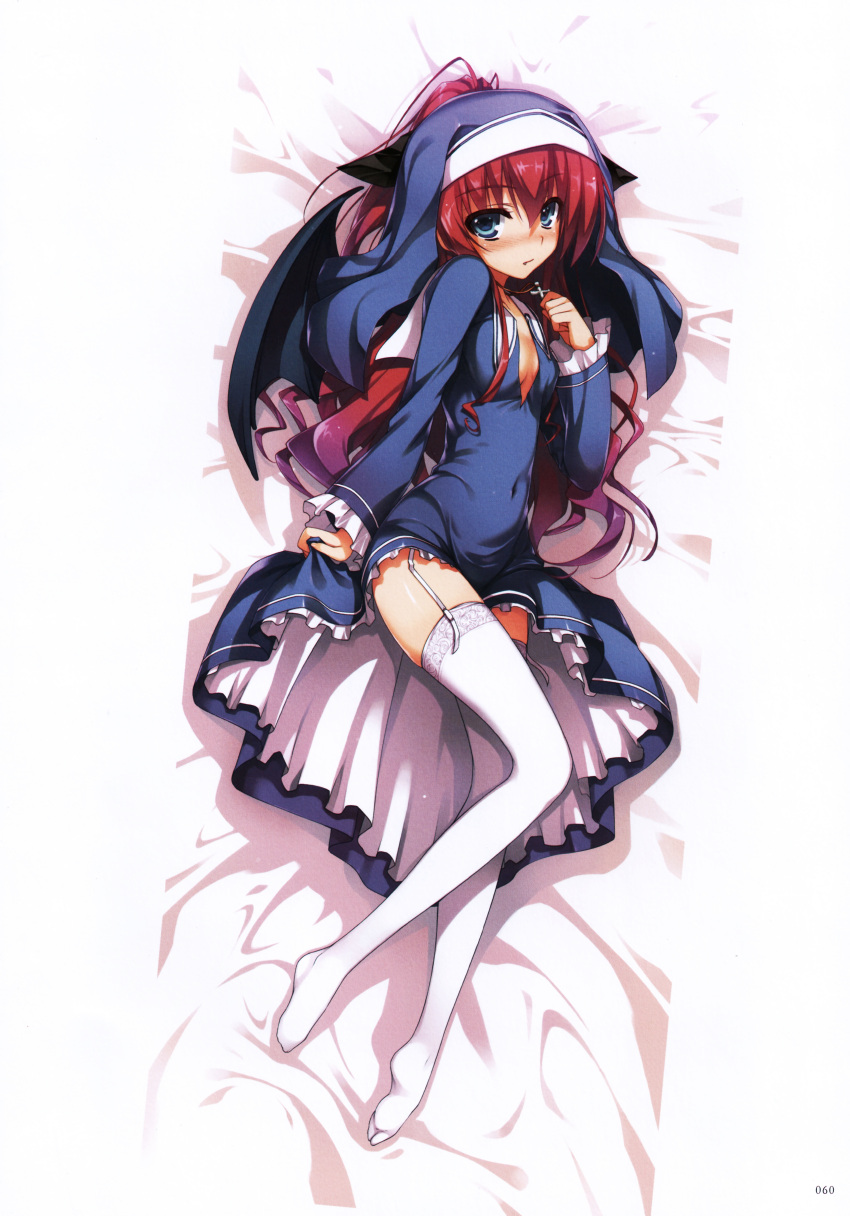 1girl, absurdres, aqua_eyes, blush, covered_navel, cross, cross_necklace, dakimakura