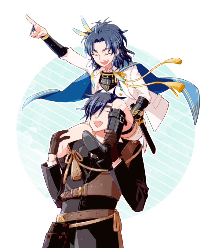 2boys, :d, armor, black_boots, black_gloves, black_hair, blue_hair, boots