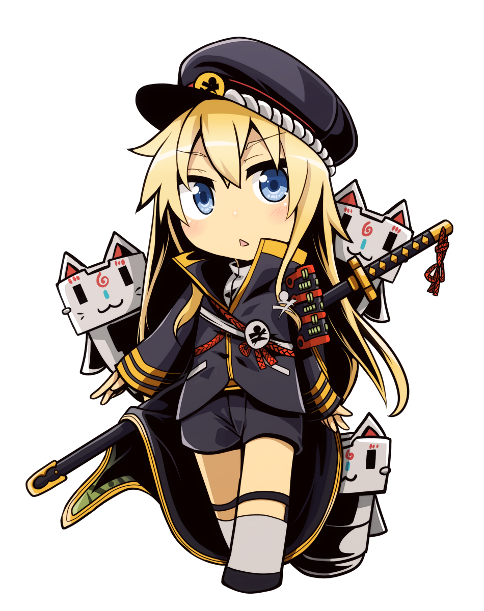 1girl, armor, blonde_hair, blue_eyes, cape, cosplay, hat, high_collar, highres, hotarumaru, hotarumaru_(cosplay), japanese_armor, kantai_collection, konnosuke, konnosuke_(cosplay), long_hair, looking_at_viewer, military, military_uniform, ootachi, peaked_cap, rensouhou-chan, shimakaze_(kantai_collection), short_shorts, shorts, simple_background, sock_garters, sode, thigh-highs, tom_(drpow), touken_ranbu, triangle_mouth, uniform, white_background