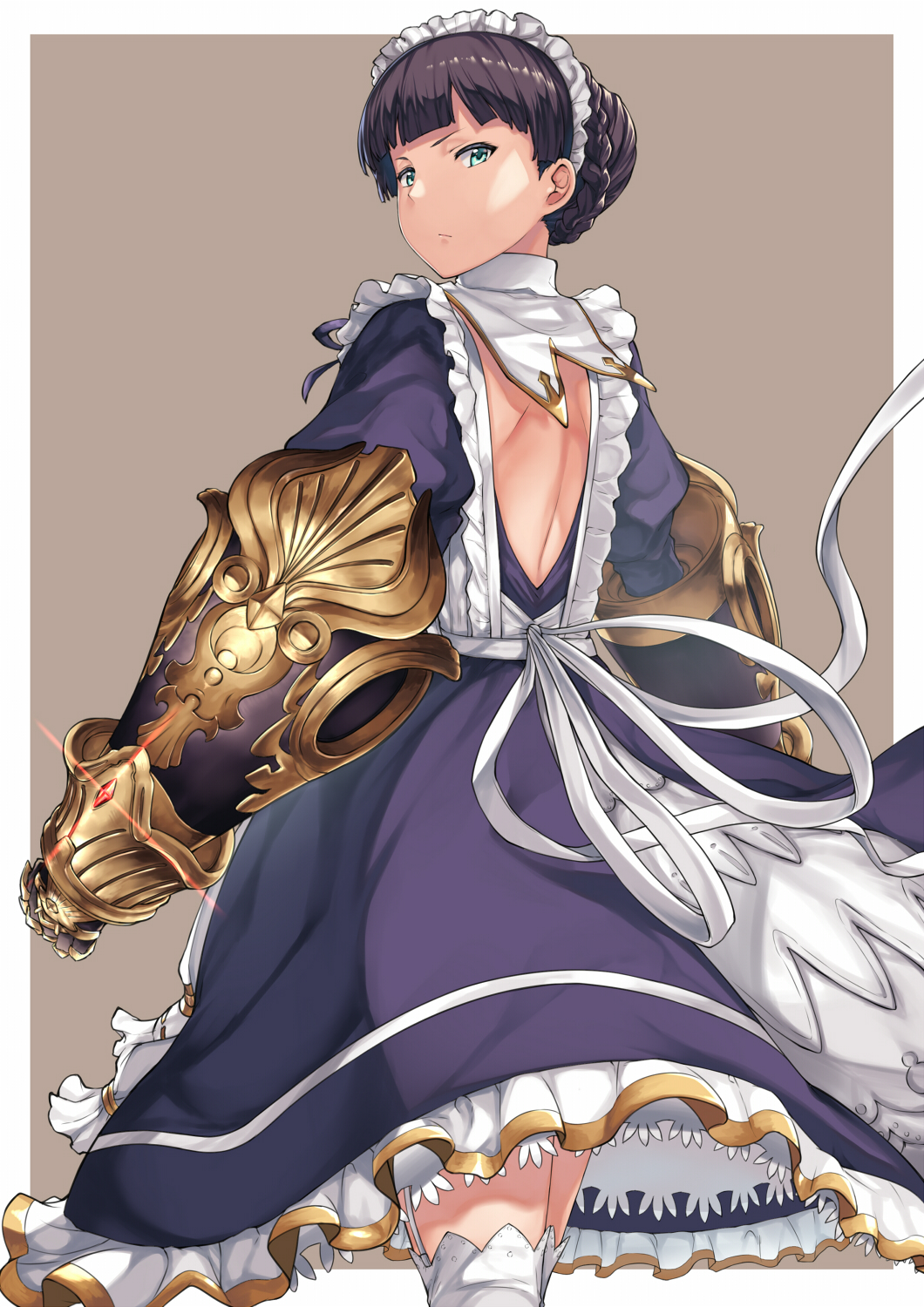 1girl, back, bangs, blunt_bangs, claudia_(granblue_fantasy), dress, from_behind, gauntlets