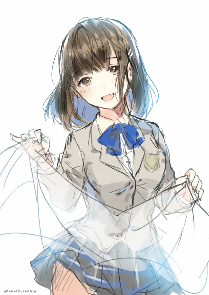 1girl, :d, black_skirt, blazer, breasts, brown_eyes, brown_hair, commentary_request