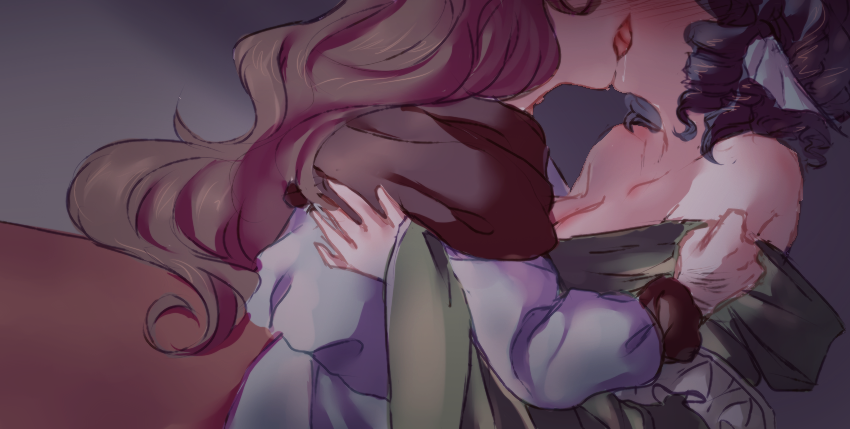 2girls, blue_hair, blush, brown_hair, clothes_down, curly_hair, dress, french_kiss