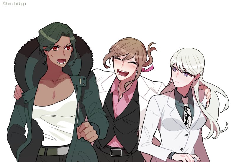 1boy, 2girls, bangs, breasts, brown_hair, cleavage, clenched_hand, dangan_ronpa